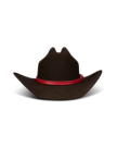 A dark brown cowboy hat with a curved brim and a red band around the base of the crown, displayed on a white background.