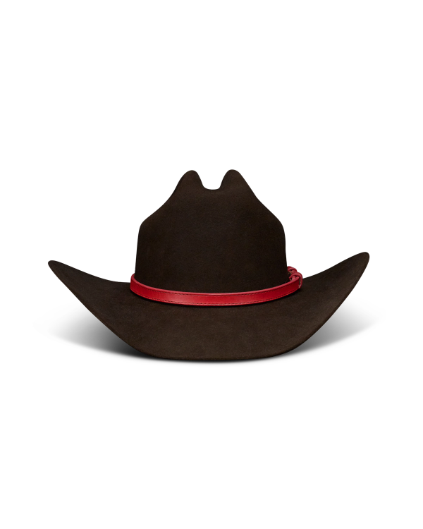 A dark brown cowboy hat with a curved brim and a red band around the base of the crown, displayed on a white background.