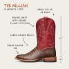 Diagram of the William Granite / Red and it's unique design features - bovine shaft with unique flame stitching, sleek caiman belly vamp, broad square toe