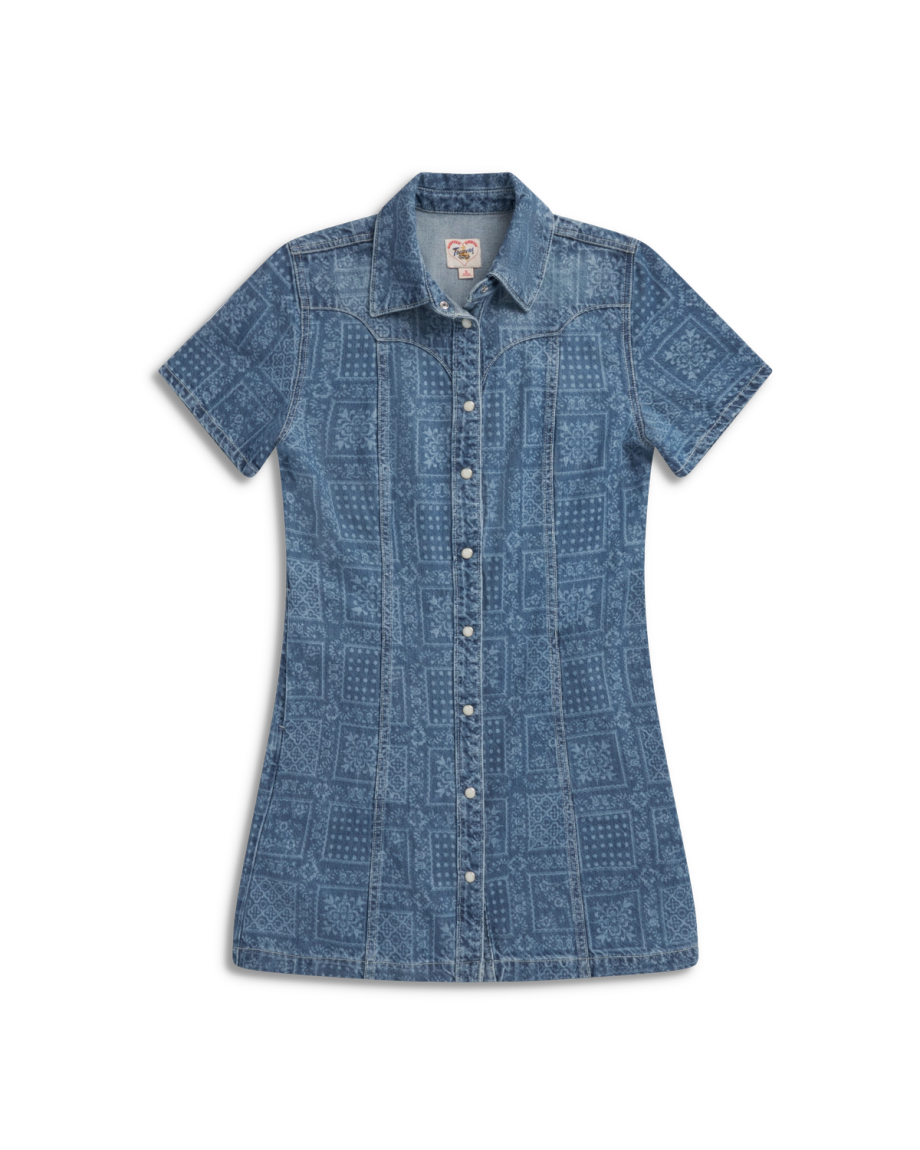 Closeup detail view of Women's Short Sleeve Mini Pearl Snap Dress - Blue Bandana