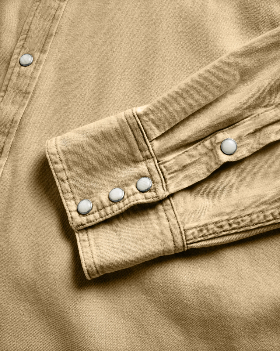 Closeup detail view of Men's Denim Long Sleeve Pearl Snap - Coriander