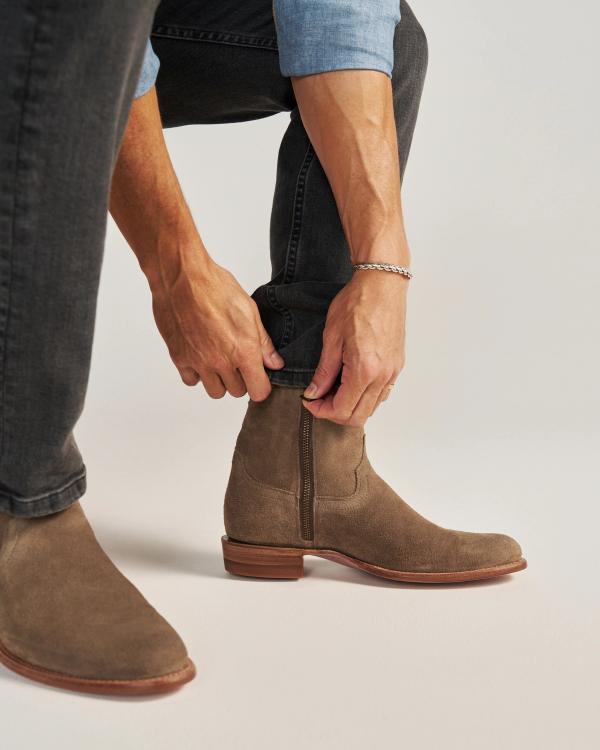 close up of Dean Granite Grey Suede cowboy boots on a man's feet