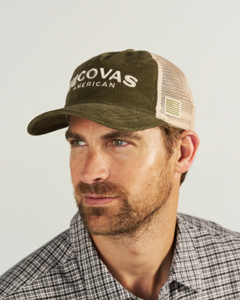 View of Corduroy Tecovas American Trucker - Olive
