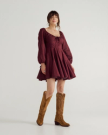 Full view of Women's L/S Mini Dress - Burgundy Floral on model