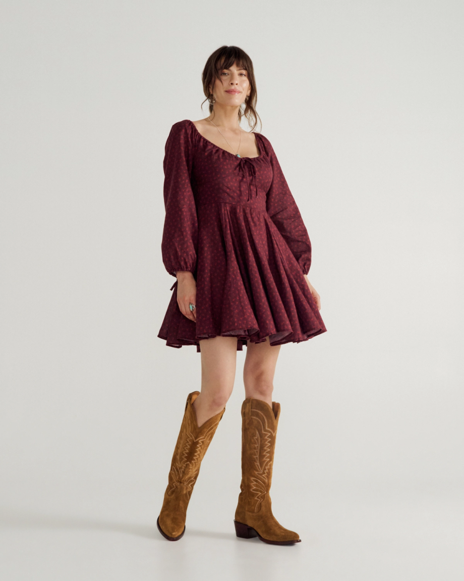 Full view of Women's L/S Mini Dress - Burgundy Floral on model