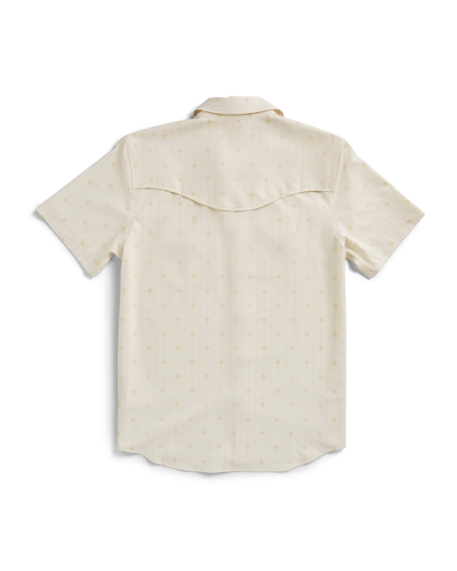 Closeup detail view of Men's Performance Western Short Sleeve Pearl Snap - Light Sand/Multi
