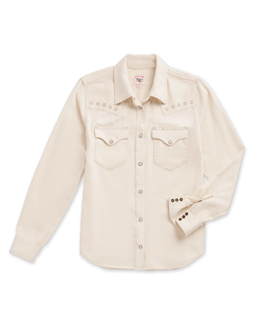 Closeup detail view of Women's Denim Pearl Snap (III) - Natural