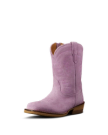 A single pink suede cowboy boot with decorative stitching, a square toe, and a low wooden heel, displayed on a white background.