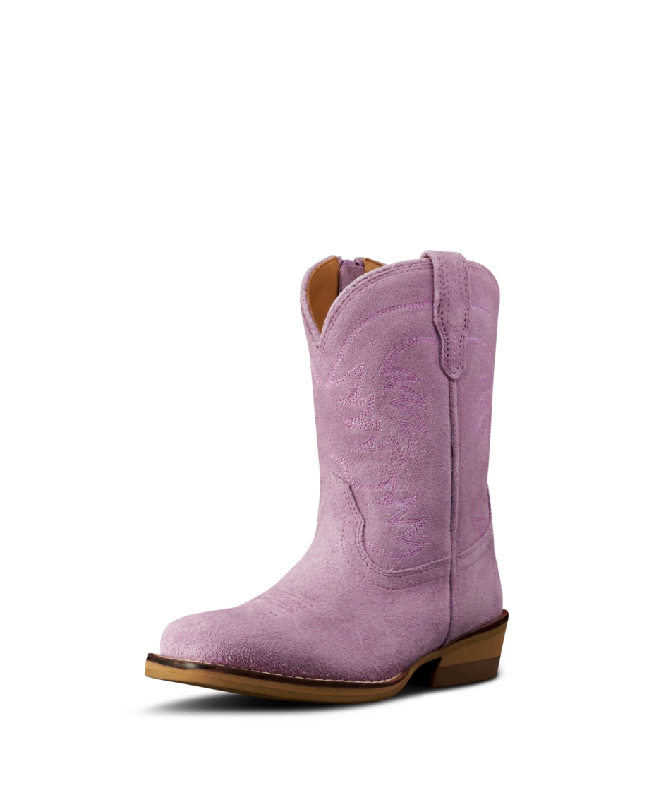 A single pink suede cowboy boot with decorative stitching, a square toe, and a low wooden heel, displayed on a white background.