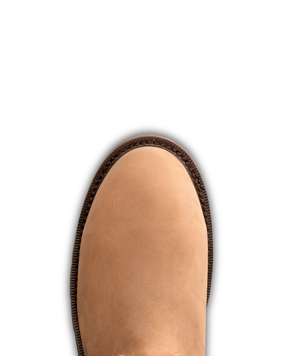 Toe view of Women's LongHaul Waterproof Chelsea Composite Toe Work Boot - Heritage Tan Cowhide on plain background