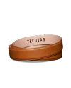 A brown leather belt with the brand name "Tecovas" printed on the inner side.