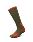 A single knee-high sock in olive green with red accents on the toe, heel, and cuff, displayed on a black background.