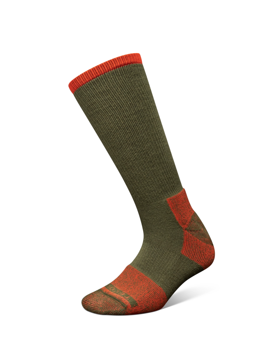 A single knee-high sock in olive green with red accents on the toe, heel, and cuff, displayed on a black background.