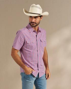 Man wearing the red check short sleeve pearl snap in a photo studio