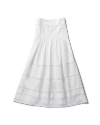 White knee-length skirt with a high waist and horizontal lace detailing, displayed against a black background.