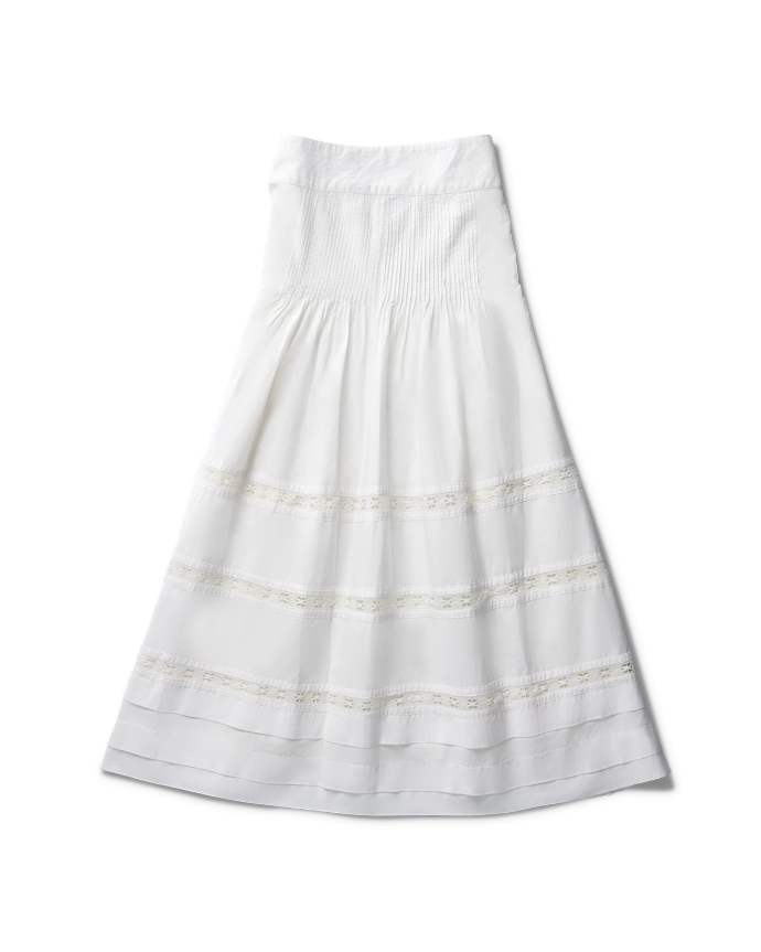 White knee-length skirt with a high waist and horizontal lace detailing, displayed against a black background.