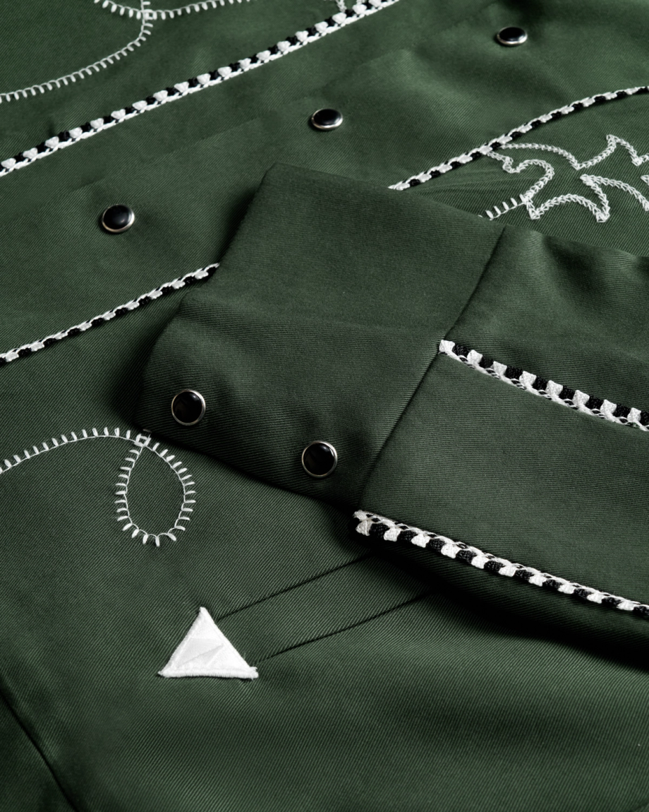 Closeup view of Men's Tecovas X H Bar C Birthday X Bolero Jacket - Green