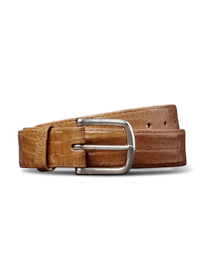 Unbuckled view of Men's Caiman Belt II - Caramel on plain background