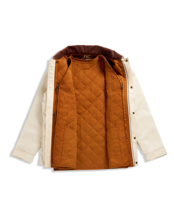 Front view of Men's Ranch Coat - Ivory / Saddle on plain background