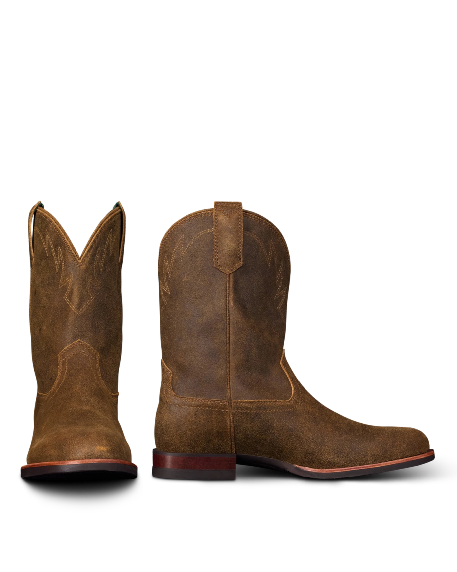 The Glen in Dustwood Roughout. A pair of brown leather Roughout cowboy boots with stitching detail, shown from the front and side on a white background.