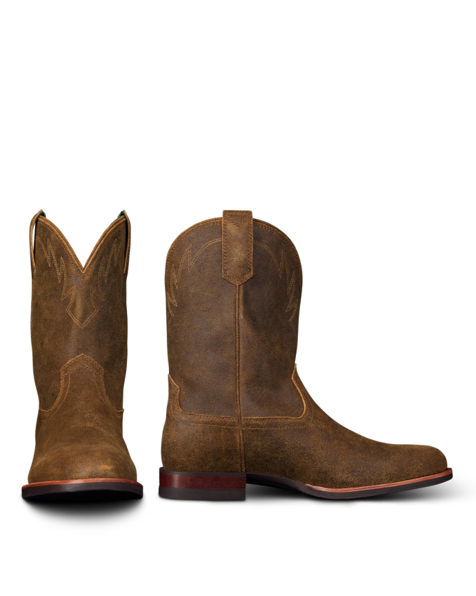 The Glen in Dustwood Roughout. A pair of brown leather Roughout cowboy boots with stitching detail, shown from the front and side on a white background.