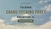 Image with text: "You’re invited! Tecovas Grand Opening Party Oak Brook, IL, Fri 9/26-Sun 9/28. Live music, complimentary beverages, and freebies for first 50 attendees." Sky background.