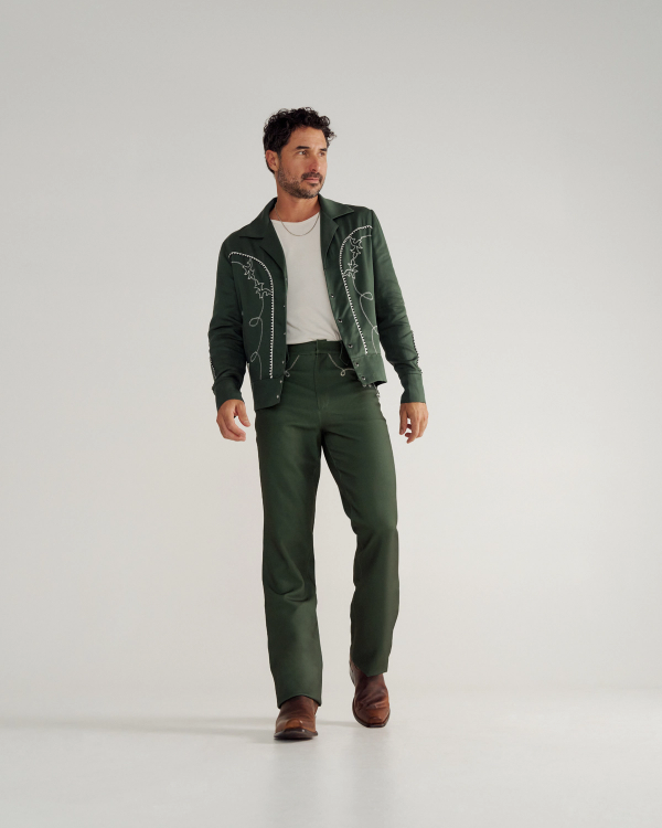 Full view of Men's Tecovas X H Bar C Birthday X Bolero Jacket - Green on model