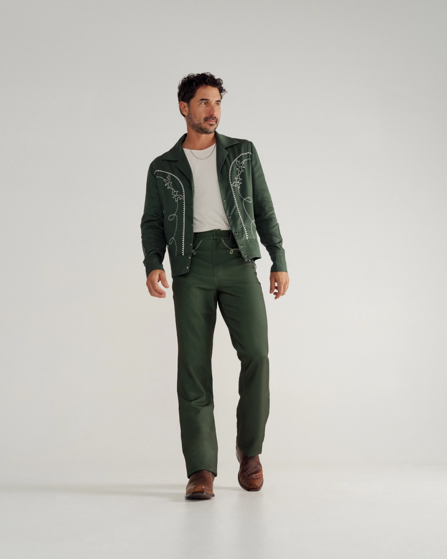 Full view of Men's Tecovas X H Bar C Birthday X Bolero Jacket - Green on model