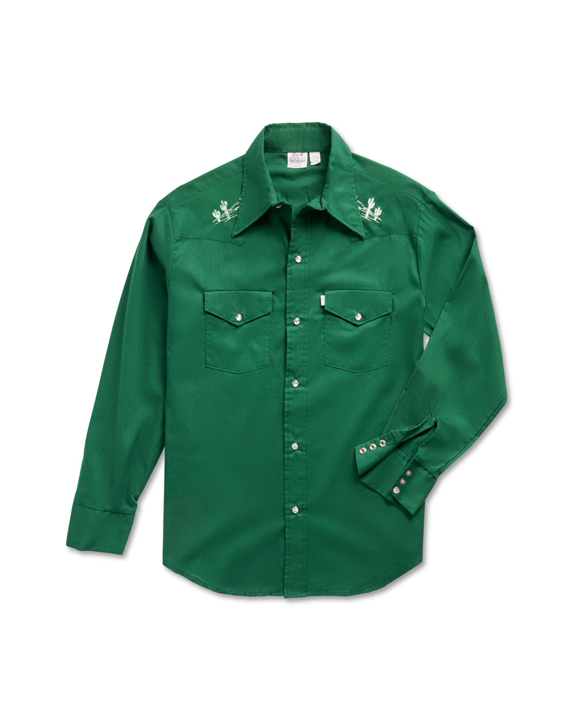 Closeup detail view of Tecovas x Cathy Hahn Men’s Vintage Embroidered Pearl Snap - Cactus Green