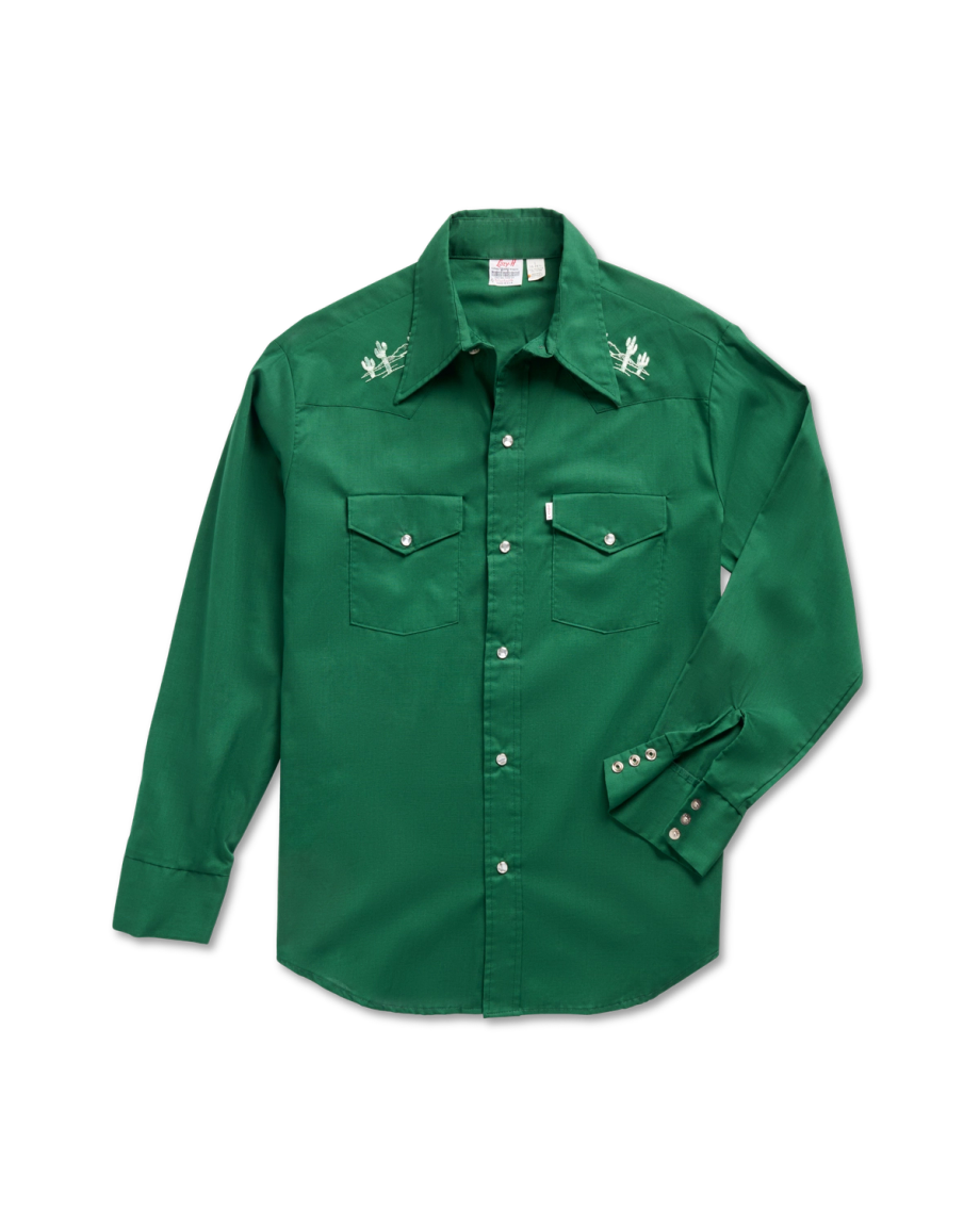 Closeup detail view of Tecovas x Cathy Hahn Men’s Vintage Embroidered Pearl Snap - Cactus Green