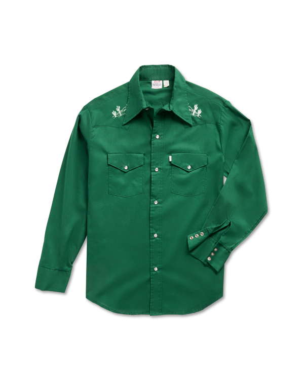 Closeup detail view of Tecovas x Cathy Hahn Men’s Vintage Embroidered Pearl Snap - Cactus Green