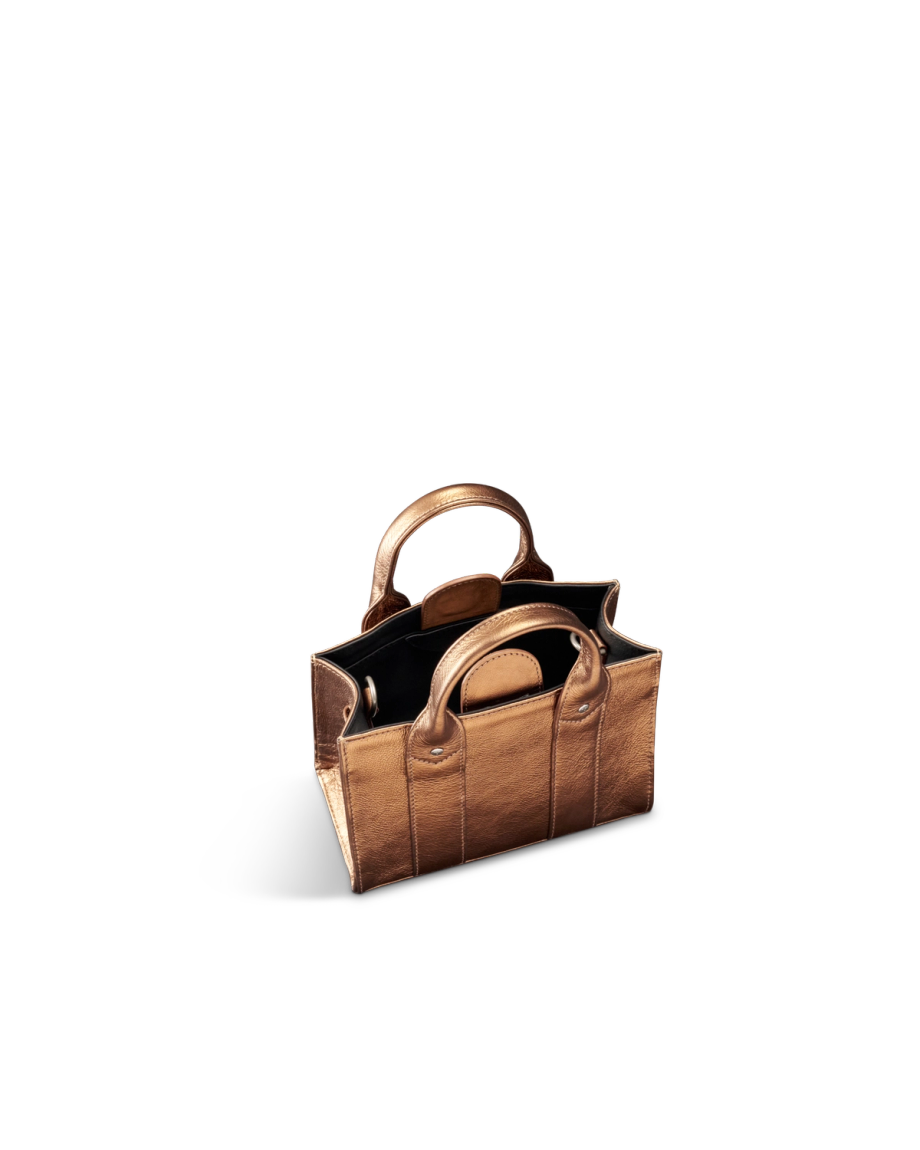 Front view of Mini Metallic Satchel - Copper Cowhide on plain background