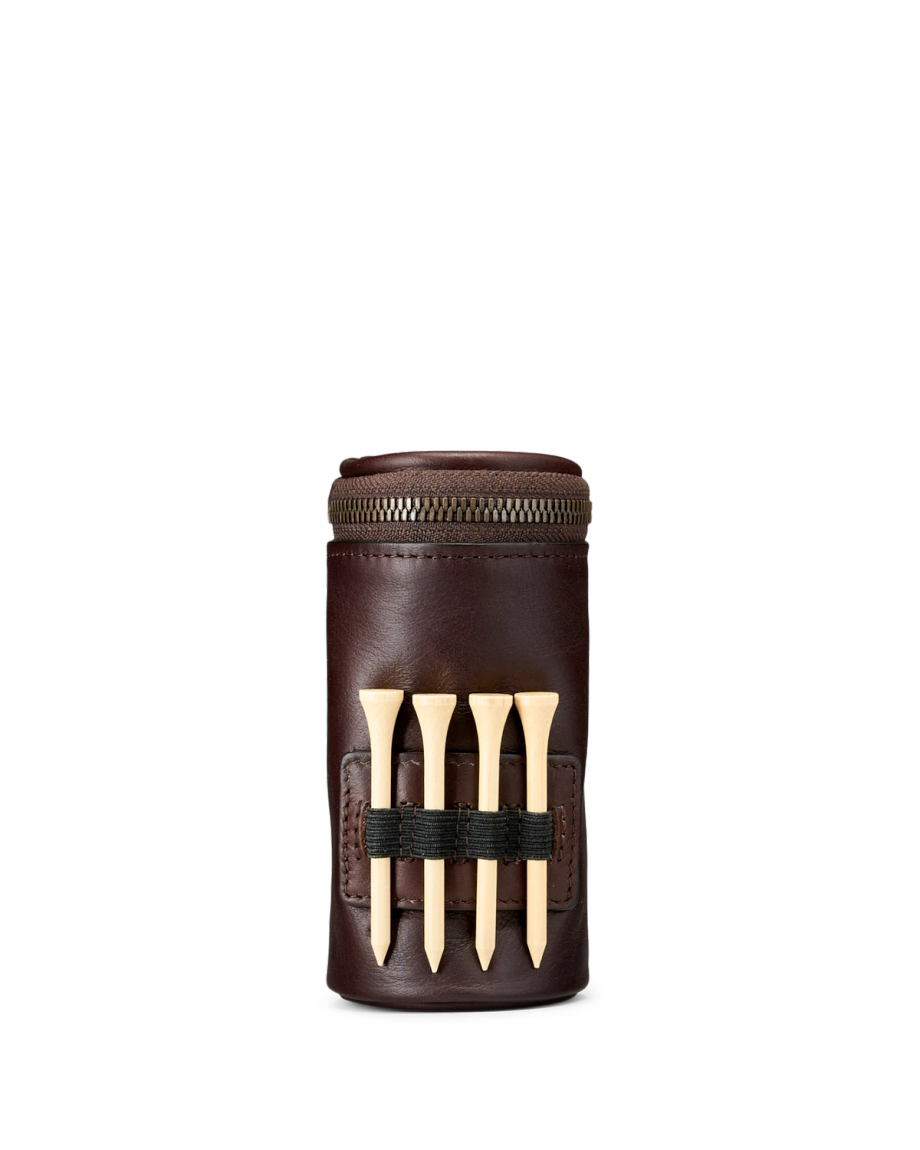 Closeup view of Leather Golfball & Tee Holder - Dark Chocolate