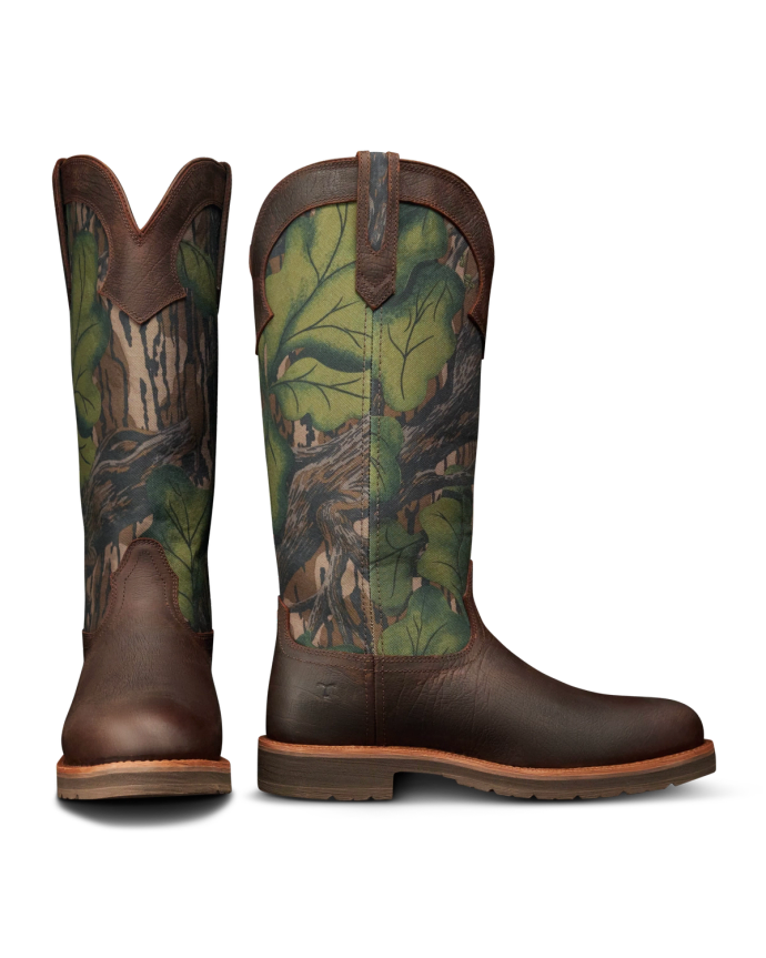 Pair view of Tecovas x Mossy Oak Snake Boot - Full Foliage Cowhide on plain background