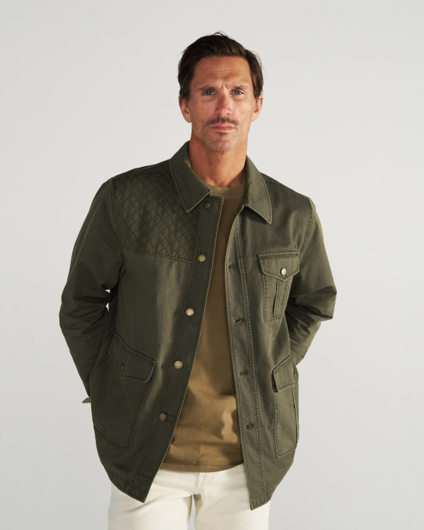 Front view of Men's Field Jacket - Dark Olive on model