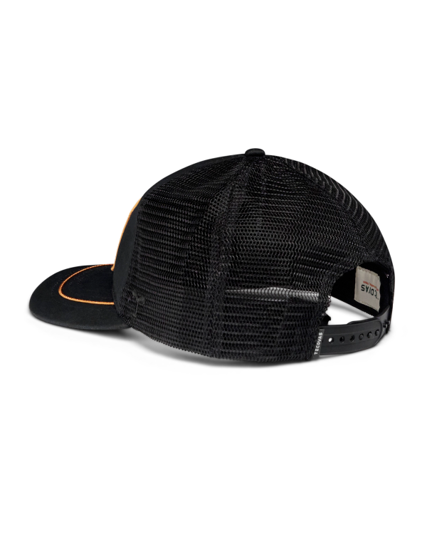 Quarterback view of Palo Duro Motors 5 Panel Low Pro Trucker - Black on plain background