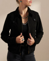 Front view of Women's Goat Suede Brush Jacket - Black on model