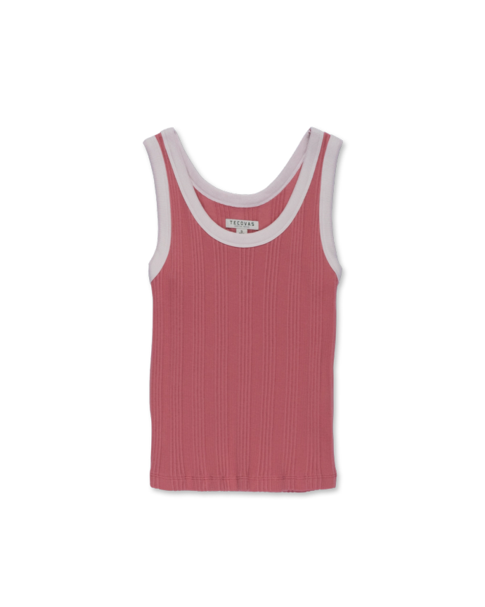 Front view of Women's Scoop Neck Ribbed Tank - Dusty Pink/White on plain background