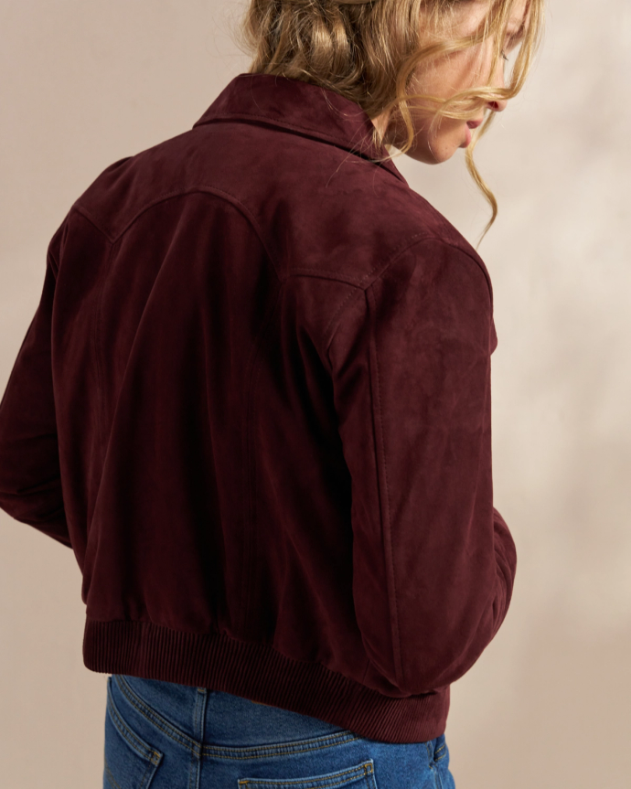 Back view of Women's Goat Suede Brush Jacket - Burgundy on model