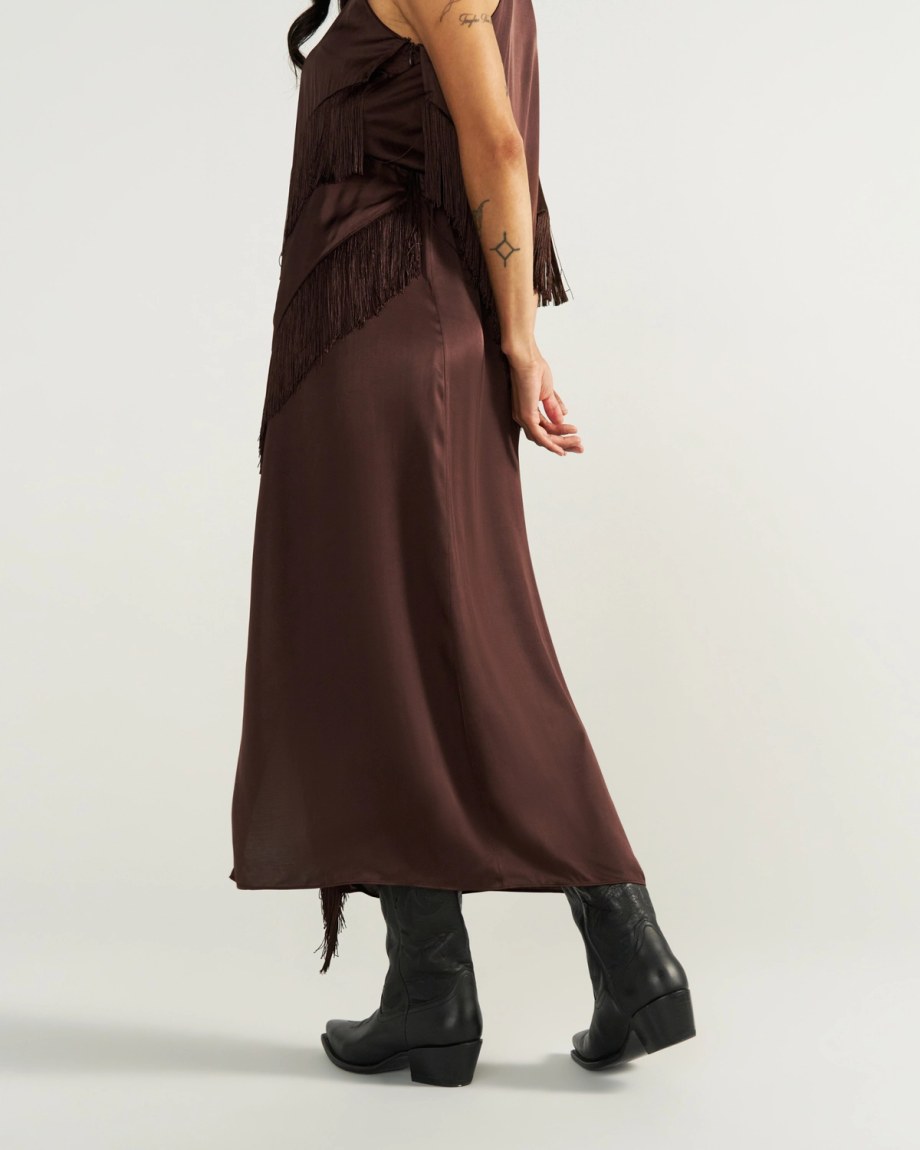 Closeup detail view of Women's Fringe Midi Skirt - Espresso