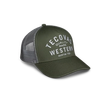 quarterfront image of the olive trucker hat against a white background