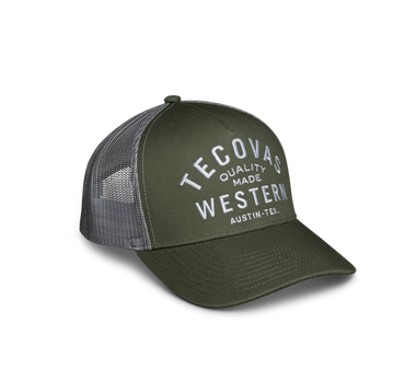 quarterfront image of the olive trucker hat against a white background