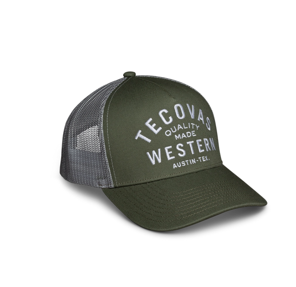 quarterfront image of the olive trucker hat against a white background