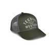 quarterfront image of the olive trucker hat against a white background