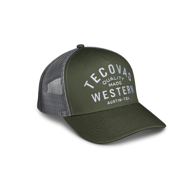quarterfront image of the olive trucker hat against a white background