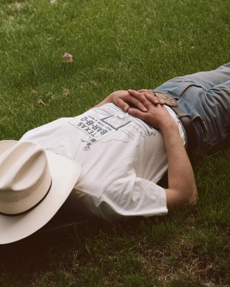 View of Men's Texas BBQ Tee - Bone / Blue