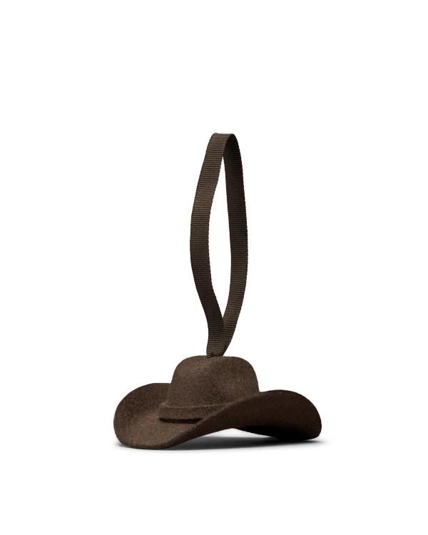Quarterfront view of Cattleman Hat Ornament - Brown on plain background