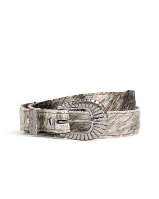 Front view of Women's 3 Piece Hair on Hide Belt - Brown Multi on plain background