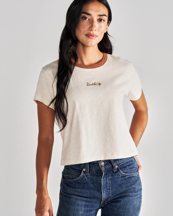 Front view of Women's Vintage Ringer Tee - Cream/Tan on model