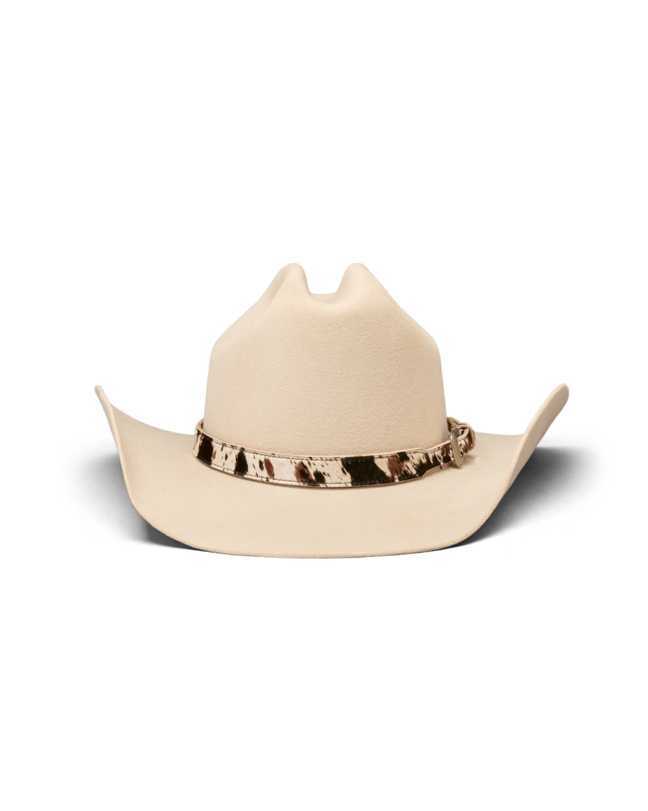 Back view of Hair on Hide Buckle Hat Band - Brown Multi on plain background